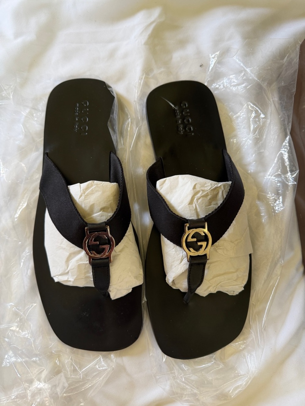 Gucci Black Leather Thong Sandals with Gold & Bronze GG Accents